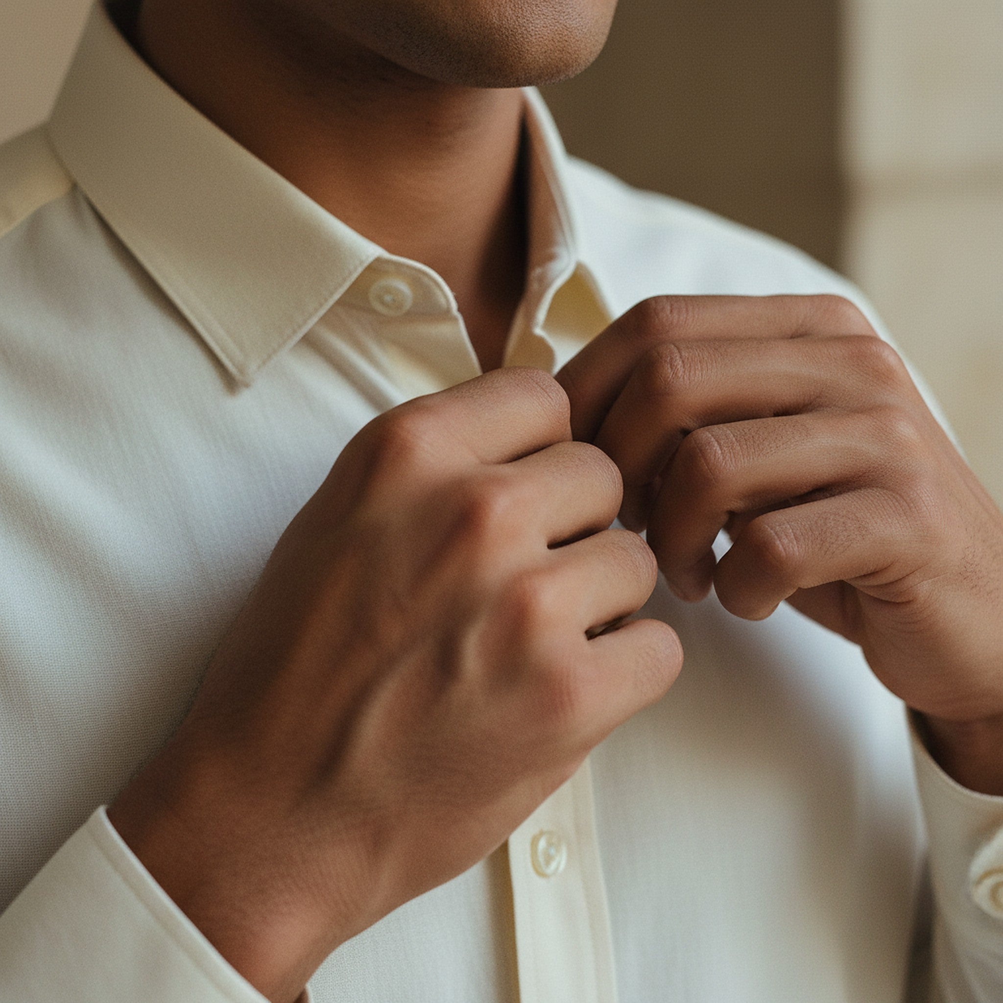 Boutonnage d'une chemise popeline crème, détail main marocaine