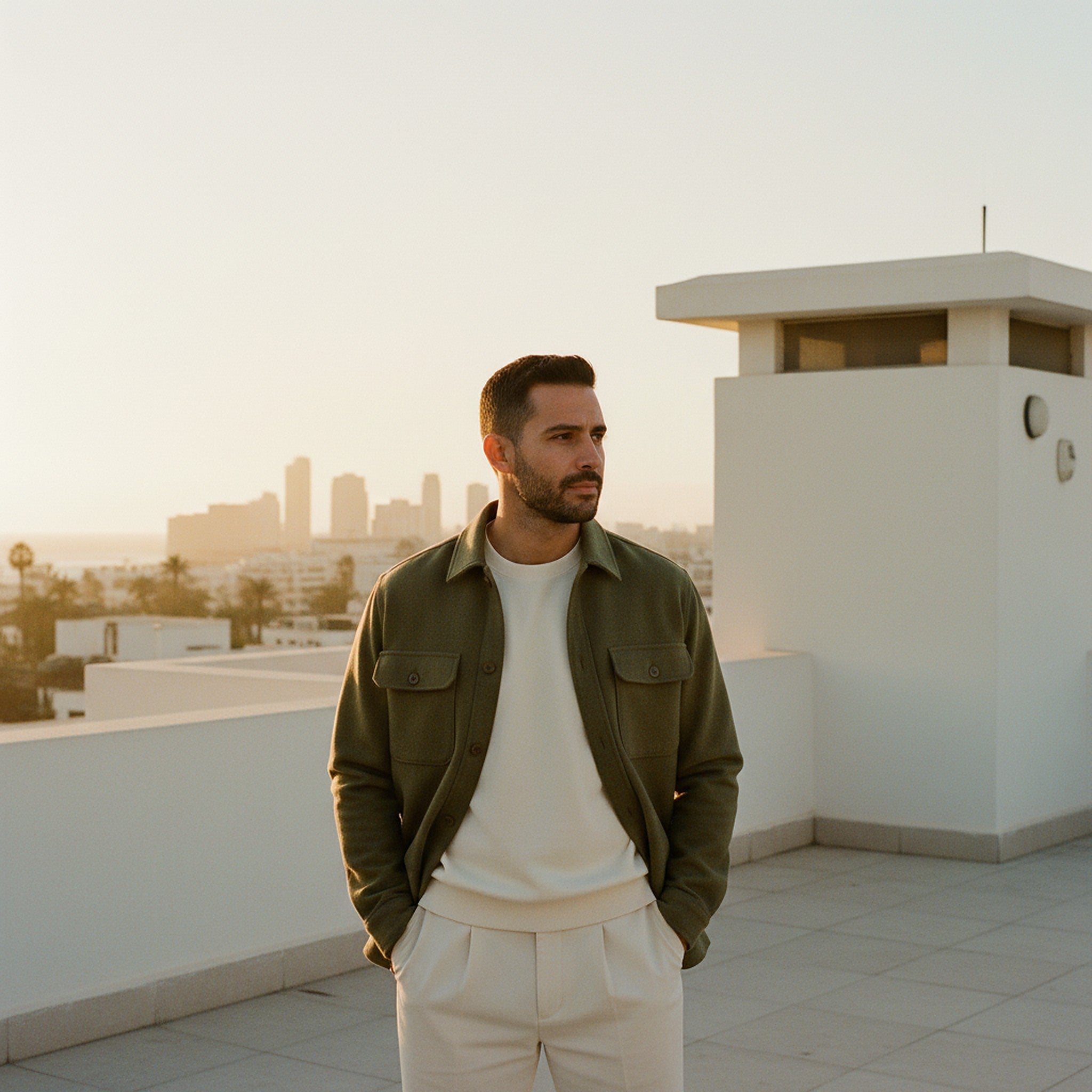 Homme en overshirt olive sur une terrasse Casablancaise au coucher du soleil